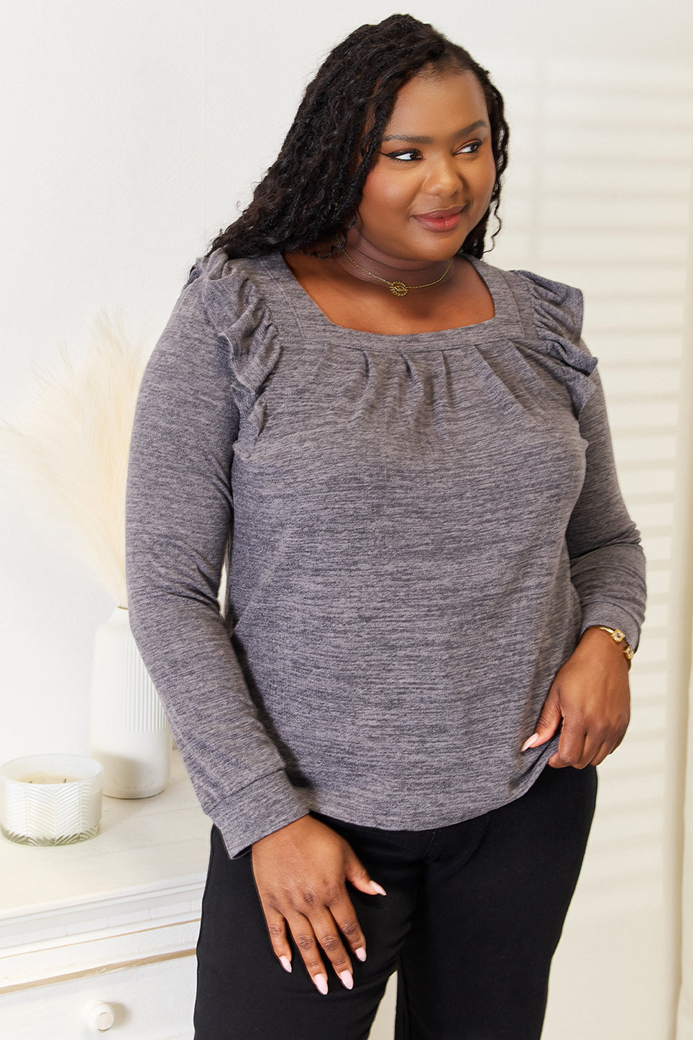 Double Take Square Neck Ruffle Shoulder Long Sleeve T-Shirt Dark Gray Apparel/Tops Double Take Ship from USA TikTok Tops Trendsi USPS Walmart Walmart Apparel Trendsi https://www.cyberehub.com