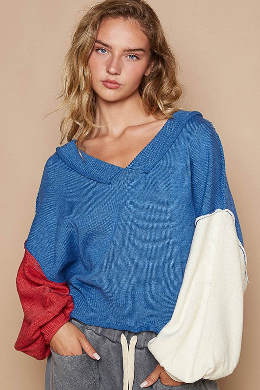 POL Exposed Seam Contrast V-Neck Lantern Sleeve Sweater Royal Blue Tops/Jackets/Sweaters Clothing Tops POL Ship from USA TikTok Trendsi USPS Walmart Trendsi https://www.cyberehub.com