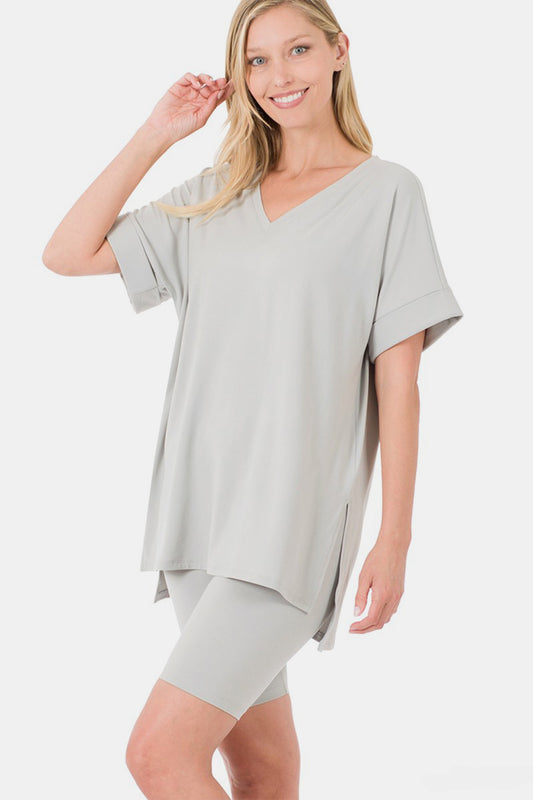 Zenana Full Size V-Neck Short Sleeve Slit T-Shirt and Shorts Set Lt Grey Tops/Jackets/Sweaters Clothing Tops Ship from USA TikTok Trendsi USPS Walmart Zenana Trendsi https://www.cyberehub.com