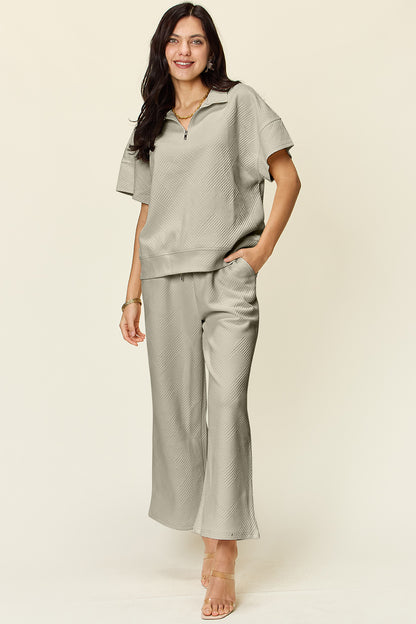 Double Take Full Size Texture Half Zip Short Sleeve Top and Pants Set Dust Storm Apparel/Tops Double Take Ship from USA TikTok Tops Trendsi USPS Walmart Walmart Apparel Trendsi https://www.cyberehub.com