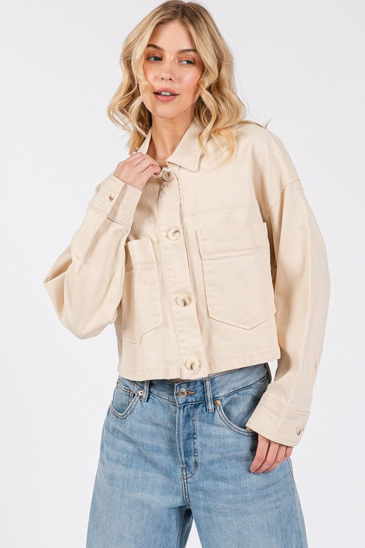 bytos Button Down Cropped Denim Jacket with Patch Pockets Tan Apparel Apparel bytos Ship from USA TikTok Trendsi Trendsi https://www.cyberehub.com