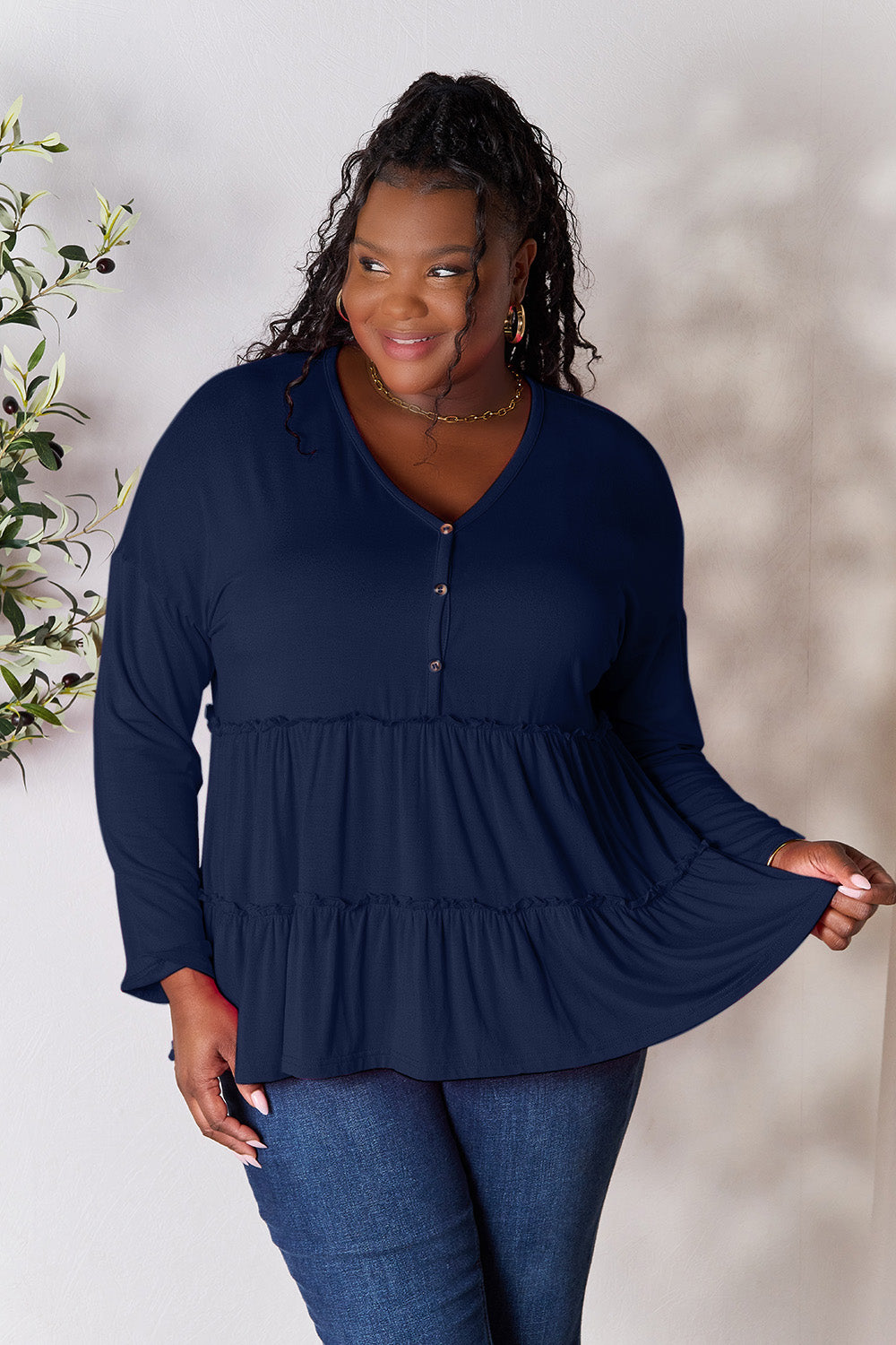 Double Take Half Button Long Sleeve Ruffle Hem Blouse Dark Blue Apparel/Tops Double Take Ship from USA TikTok Tops Trendsi USPS Walmart Walmart Apparel Trendsi https://www.cyberehub.com