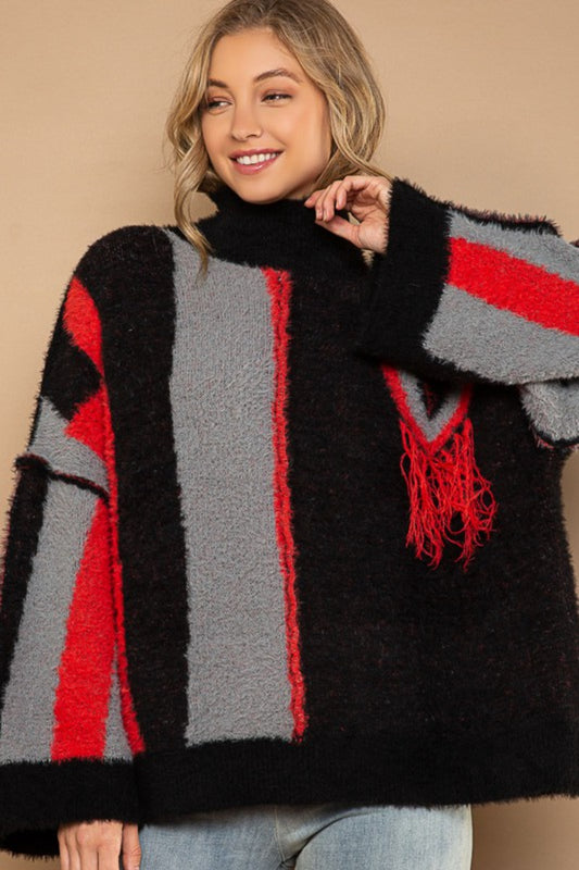 POL Turtleneck Color Block Fringe Detail Sweater Black Red Multi Tops/Jackets/Sweaters Clothing Tops POL Ship from USA TikTok Trendsi USPS Walmart Trendsi https://www.cyberehub.com