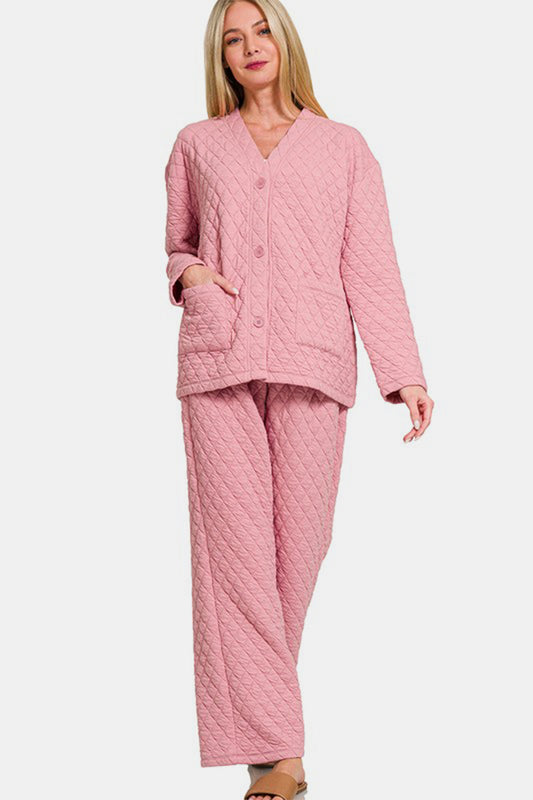 Zenana Quilted Button Up Long Sleeve Top and Pants Lounge Set Dusty Pink Apparel Apparel Ship from USA TikTok Trendsi Zenana Trendsi https://www.cyberehub.com