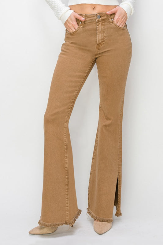 RISEN Bailey Full Size High Waist Side Slit Flare Jeans Brown Bottoms Bottoms Clothing RISEN Ship from USA Women Trendsi https://www.cyberehub.com