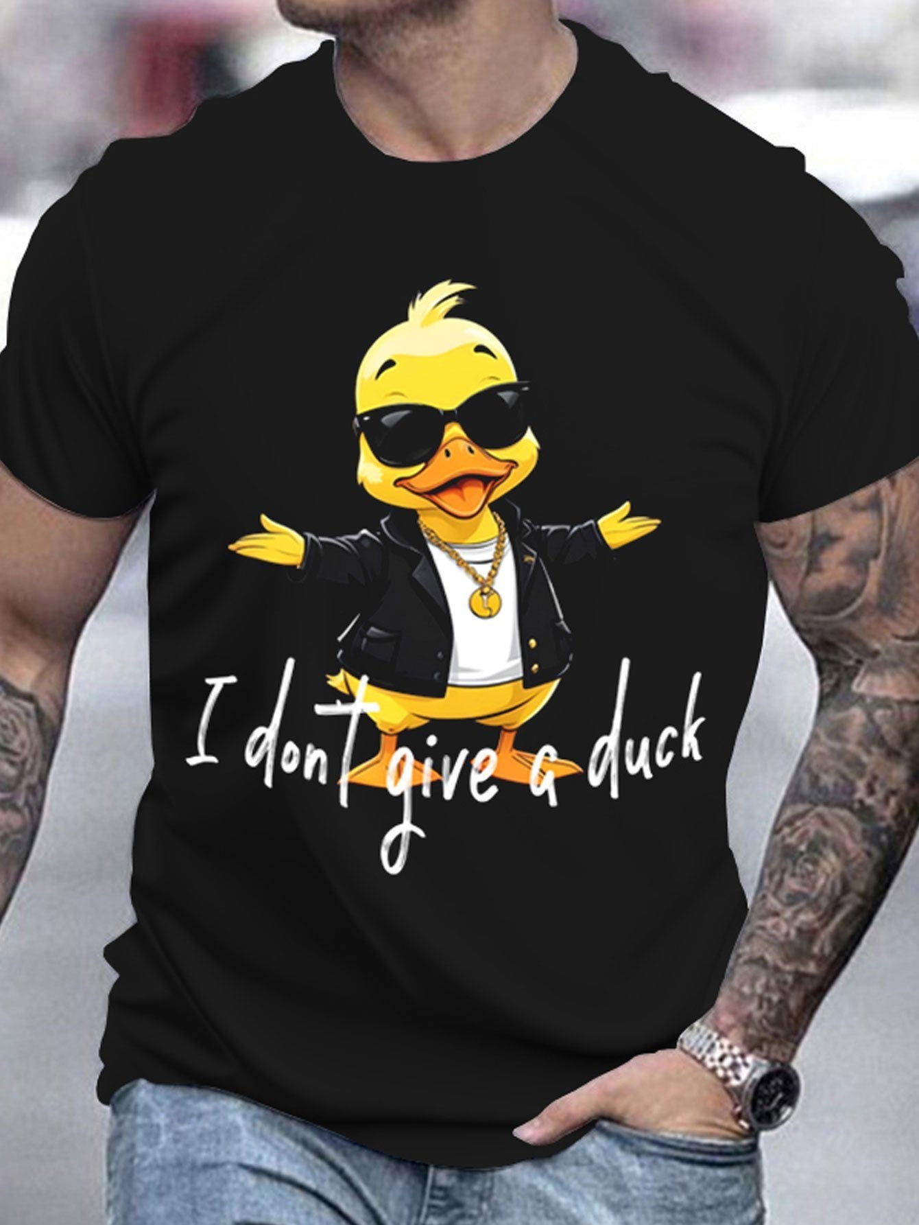 Men's Round Neck T-shirt, Printed With 'I Don't Care About Ducks' Pattern Black Apparel/Shirt/Graphic Shirt SNULLO https://www.cyberehub.com