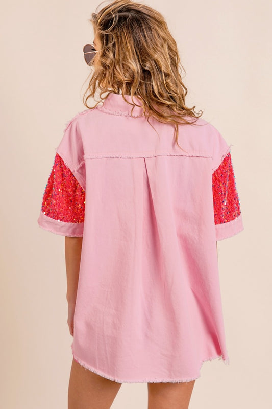 BiBi Sequin Detail Raw Hem Short Sleeve Shirt Apparel/Tops BiBi Ship from USA TikTok Tops Trendsi USPS Walmart Walmart Apparel Trendsi https://www.cyberehub.com