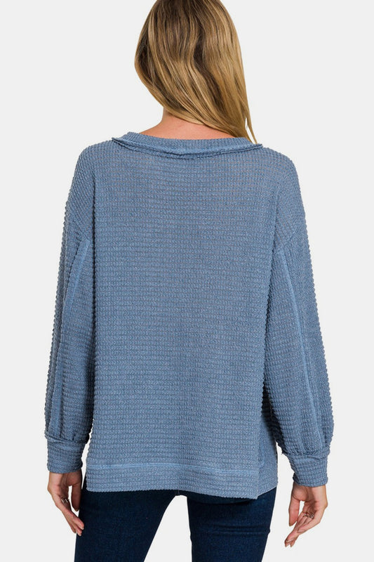 Zenana Exposed Seam Side Slit Long Sleeve Top Shirt Apparel Clothing Tops Ship from USA Shirts USA Women Zenana Trendsi https://www.cyberehub.com