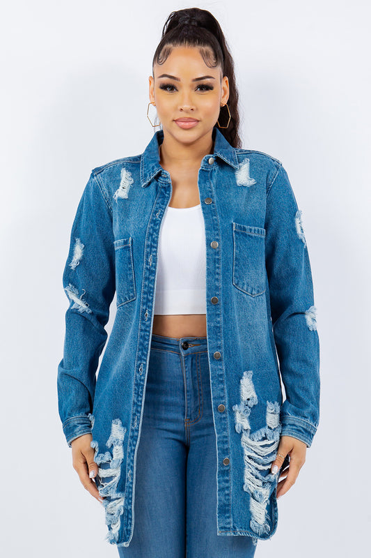 American Bazi Distressed Button Up Long Sleeve Denim Jacket M Blue Tops/Jackets/Sweaters American Bazi Clothing Tops Ship from USA TikTok Trendsi USPS Walmart Trendsi https://www.cyberehub.com