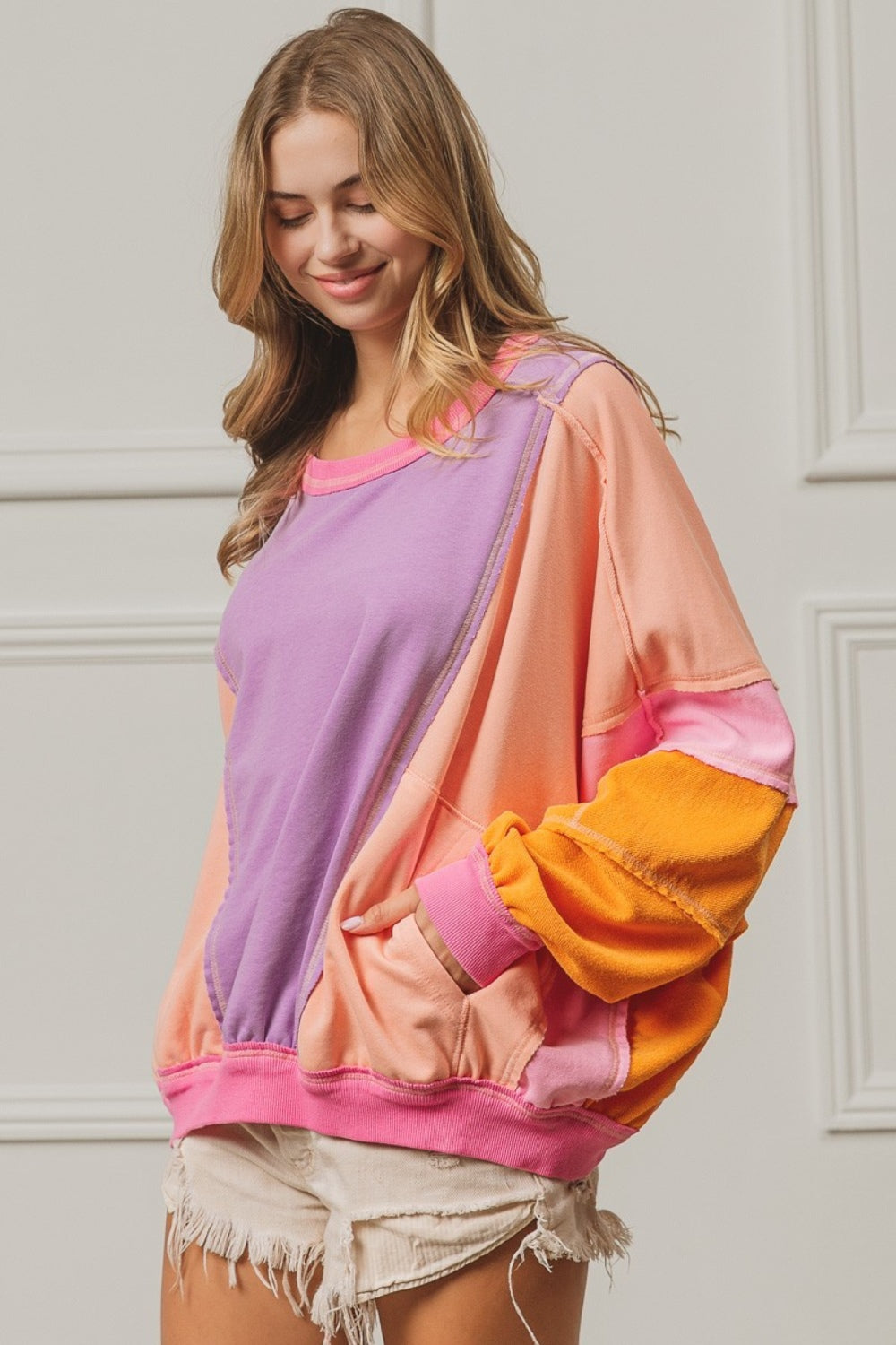 BiBi Color Block Exposed Seam Sweatshirt with Pockets Tops/Jackets/Sweaters BiBi Clothing Tops Ship from USA TikTok Trendsi USPS Walmart Trendsi https://www.cyberehub.com