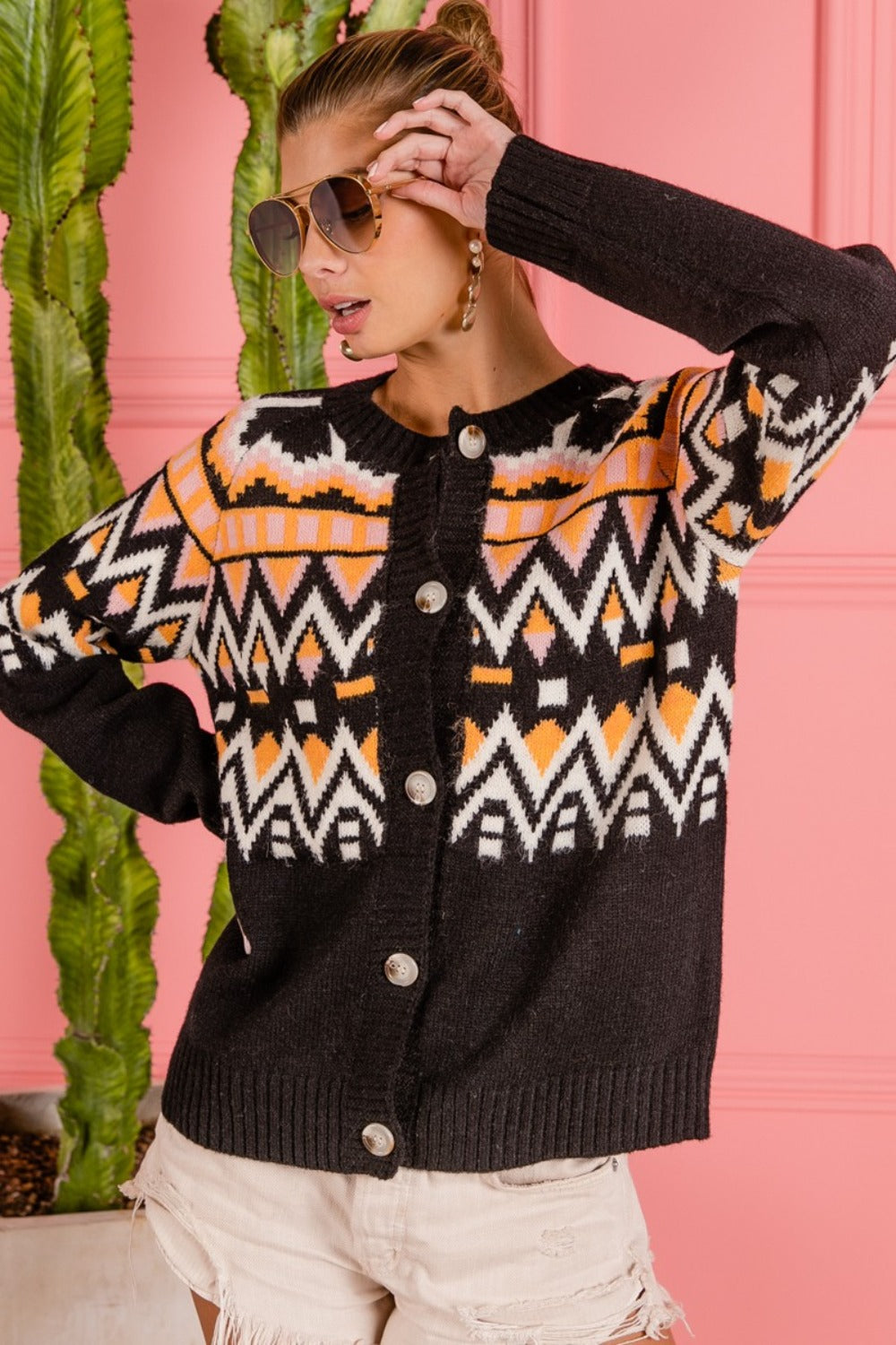 BiBi Ethnic Pattern Button Up Knit Cardigan Shirt Apparel BiBi Clothing Tops Ship from USA Shirts USA Women Trendsi https://www.cyberehub.com