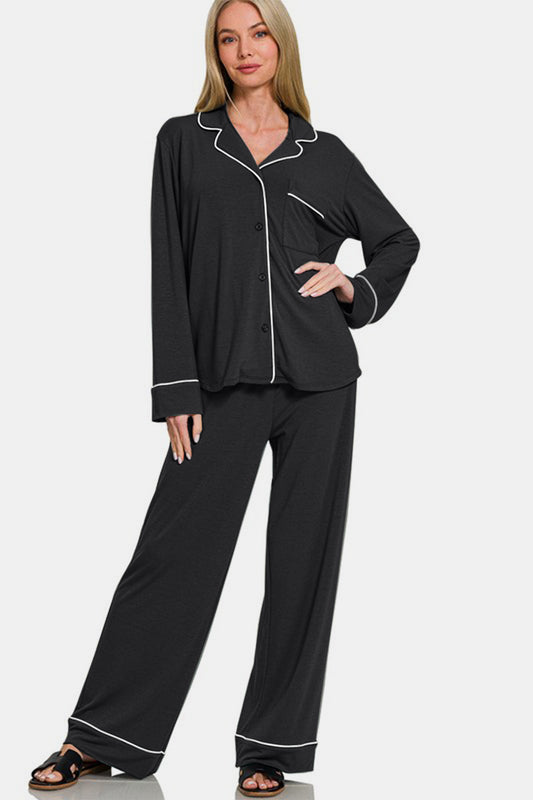 Zenana Button Down Long Sleeve Top and Pants Lounge Set Apparel Apparel Ship from USA TikTok Trendsi Zenana Trendsi https://www.cyberehub.com