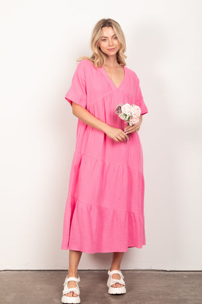 VERY J Soft Crinkle Gauze Short Sleeve Midi Dress PINK Apparel/Dress Dress Ship from USA TikTok Trendsi USPS VERY J Walmart Walmart Apparel Trendsi https://www.cyberehub.com