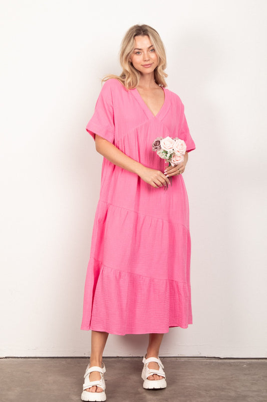 VERY J Soft Crinkle Gauze Short Sleeve Midi Dress PINK Apparel/Dress Dress Ship from USA TikTok Trendsi USPS VERY J Walmart Walmart Apparel Trendsi https://www.cyberehub.com