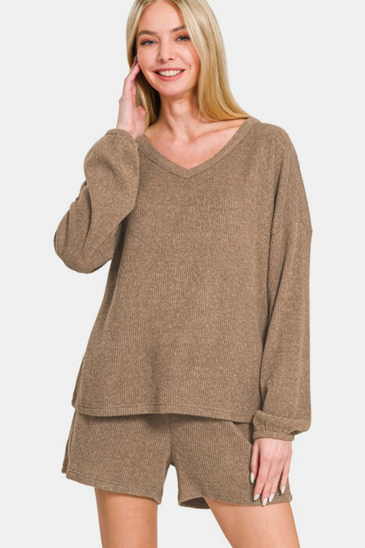 Zenana V-Neck Long Sleeve Ribbed Top and Shorts Set Camel Apparel/Tops Ship from USA TikTok Tops Trendsi USPS Walmart Walmart Apparel Zenana Trendsi https://www.cyberehub.com