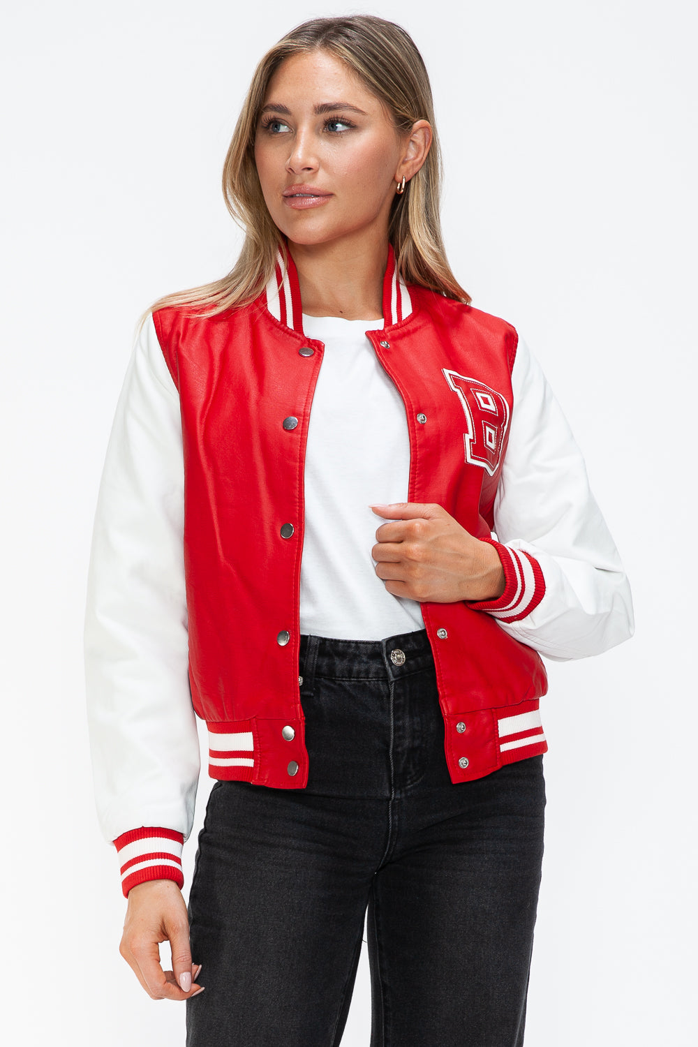 Love Me Now PU Leather Contrast Snap Down Bomber Jacket Tops/Jackets/Sweaters Clothing Tops Love Me Now Ship from USA TikTok Trendsi USPS Walmart Trendsi https://www.cyberehub.com