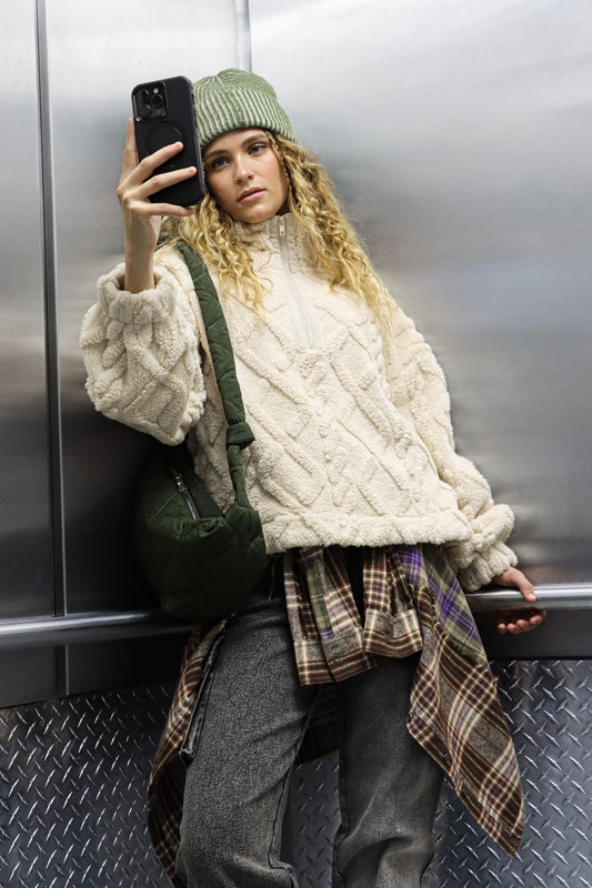 VERY J Fuzzy Fleece Half Zip Cable Pattern Sweatshirt Ecru Tops/Jackets/Sweaters Clothing Tops Ship from USA TikTok Trendsi USPS VERY J Walmart Trendsi https://www.cyberehub.com