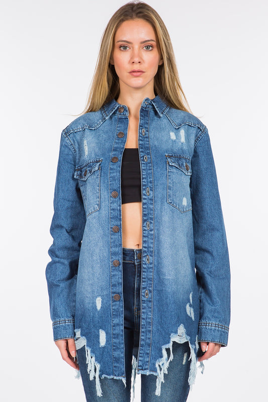 American Bazi Distressed Frayed Hem Denim Jacket Blue Tops/Jackets/Sweaters American Bazi Clothing Tops Ship from USA TikTok Trendsi USPS Walmart Trendsi https://www.cyberehub.com