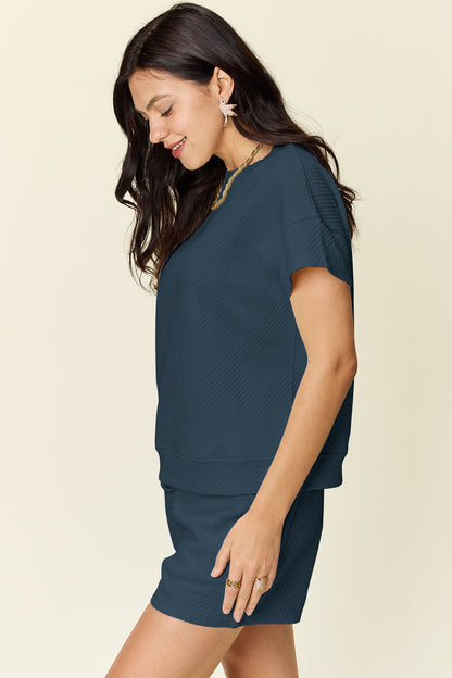 Double Take Full Size Texture Short Sleeve T-Shirt and Drawstring Shorts Set Apparel/Tops Double Take Ship from USA TikTok Tops Trendsi USPS Walmart Walmart Apparel Trendsi https://www.cyberehub.com