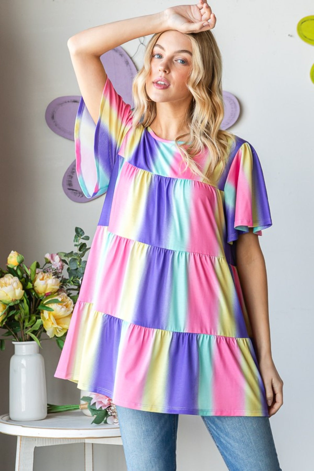Heimish Full Size Short Sleeve Striped Tiered Top Multi Apparel/Tops Heimish Ship from USA TikTok Tops Trendsi USPS Walmart Walmart Apparel Trendsi https://www.cyberehub.com