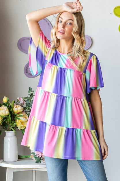 Heimish Full Size Short Sleeve Striped Tiered Top Multi Apparel/Tops Heimish Ship from USA TikTok Tops Trendsi USPS Walmart Walmart Apparel Trendsi https://www.cyberehub.com