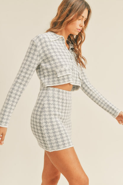 MABLE Houndstooth Cropped Knit Cardigan and Mini Skirt Set Shirt Apparel Clothing Tops MABLE Ship from USA Shirts USA Women Trendsi https://www.cyberehub.com