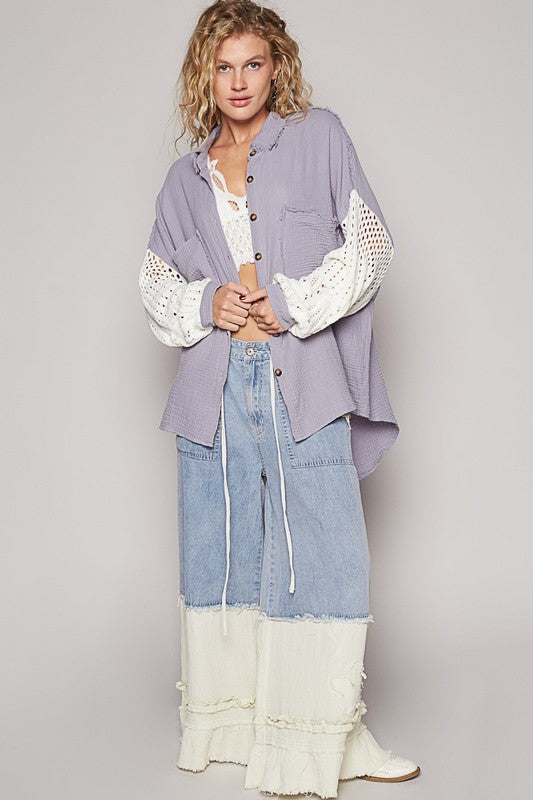 POL Openwork Lantern Sleeve Button Down Gauze Shirt Apparel Apparel POL Ship from USA TikTok Trendsi Trendsi https://www.cyberehub.com