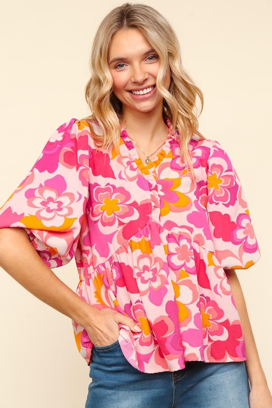 Haptics Full Size Frill Floral Puff Sleeve Blouse Blush Fuchsia Apparel Apparel Haptics Ship from USA TikTok Trendsi Trendsi https://www.cyberehub.com