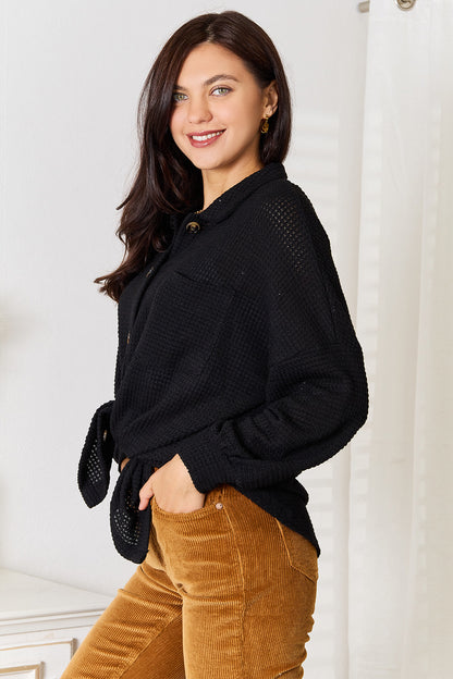 Double Take Waffle-Knit Collared Neck Dropped Shoulder Shirt Apparel/Tops Doorbusters Double Take Ship from USA TikTok Tops Trendsi USPS Walmart Walmart Apparel Trendsi https://www.cyberehub.com