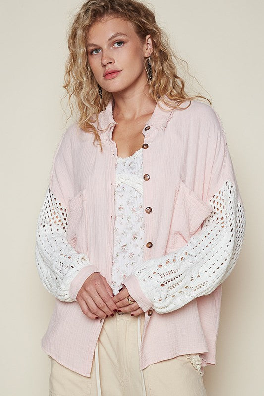 POL Openwork Lantern Sleeve Button Down Gauze Shirt Apparel Apparel POL Ship from USA TikTok Trendsi Trendsi https://www.cyberehub.com