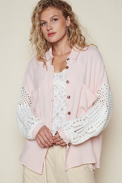 POL Openwork Lantern Sleeve Button Down Gauze Shirt Apparel Apparel POL Ship from USA TikTok Trendsi Trendsi https://www.cyberehub.com