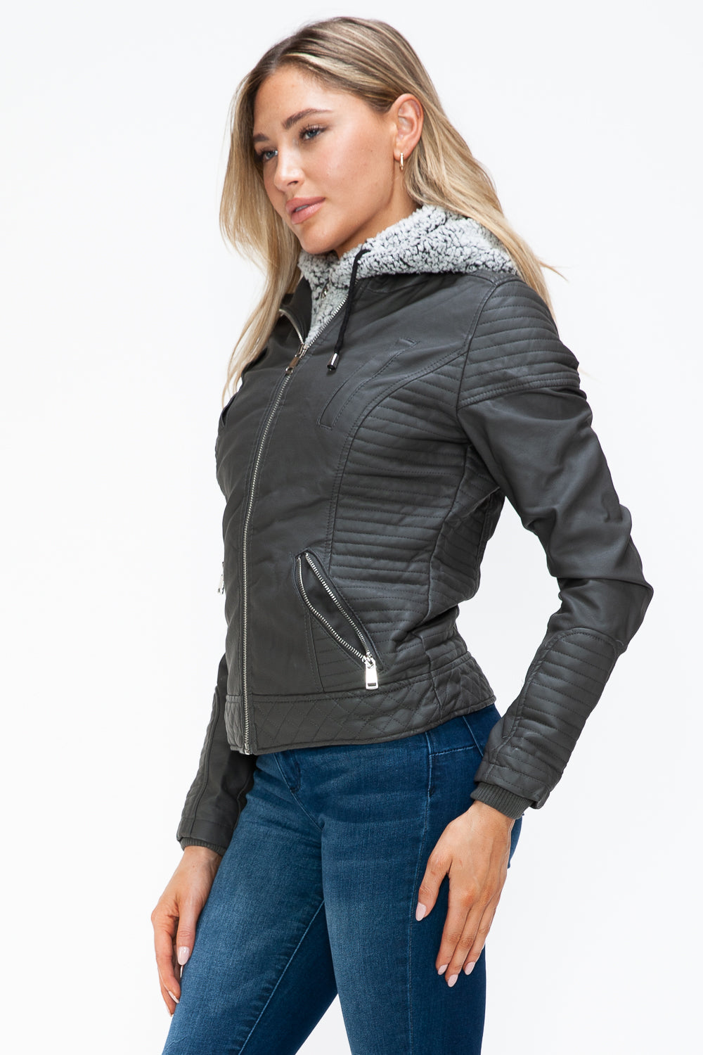 YMI Faux Layered Double-Zipper Jacket with Fuzzy Hood Tops/Jackets/Sweaters Clothing Tops Ship from USA TikTok Trendsi USPS Walmart YMI outerwear Trendsi https://www.cyberehub.com