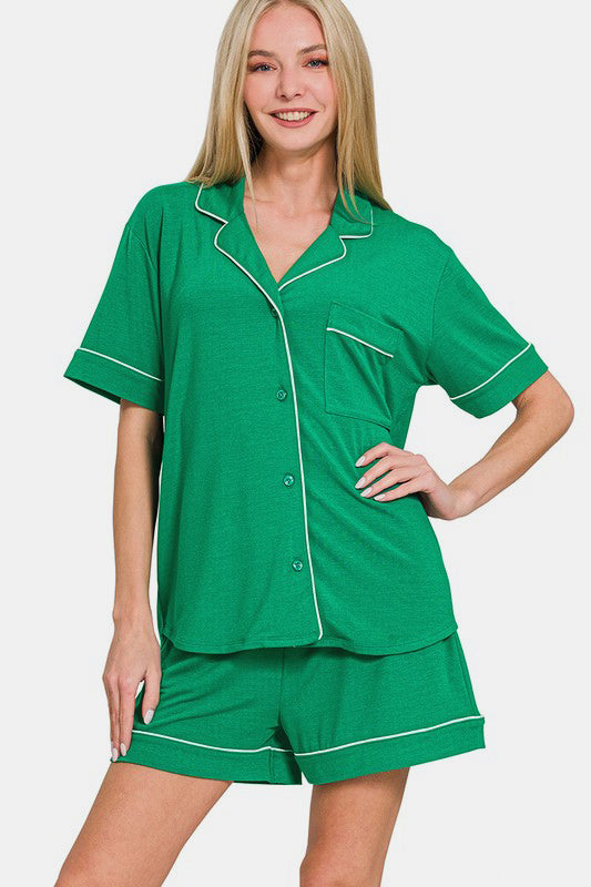 Zenana Button Down Short Sleeve Top and Shorts Lounge Set K Green Apparel Apparel Ship from USA TikTok Trendsi Zenana Trendsi https://www.cyberehub.com