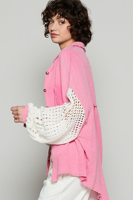 POL Openwork Lantern Sleeve Button Down Gauze Shirt Apparel Apparel POL Ship from USA TikTok Trendsi Trendsi https://www.cyberehub.com