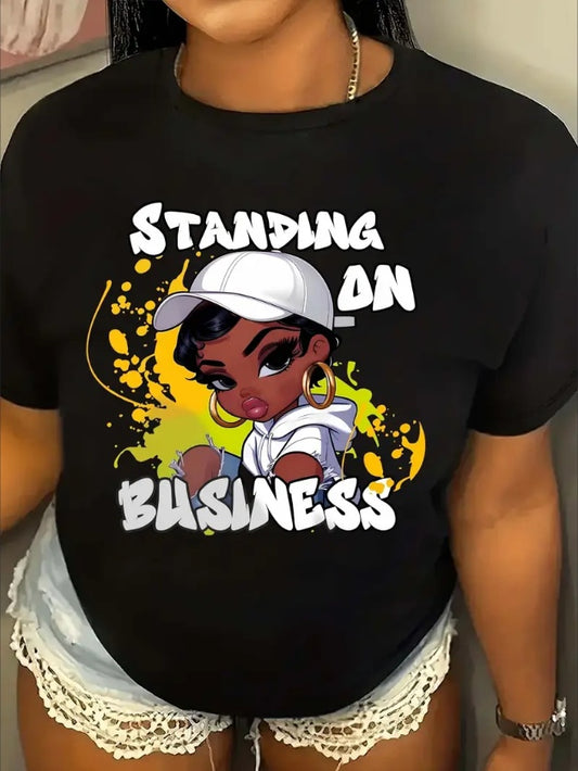Plus Size Cartoon Black Girl Letter Printed T-Shirt, Women's Fashion Casual Short Sleeve Round Neck Comfortable Top Apparel/Shirt/Graphic Shirt SNULLO https://www.cyberehub.com
