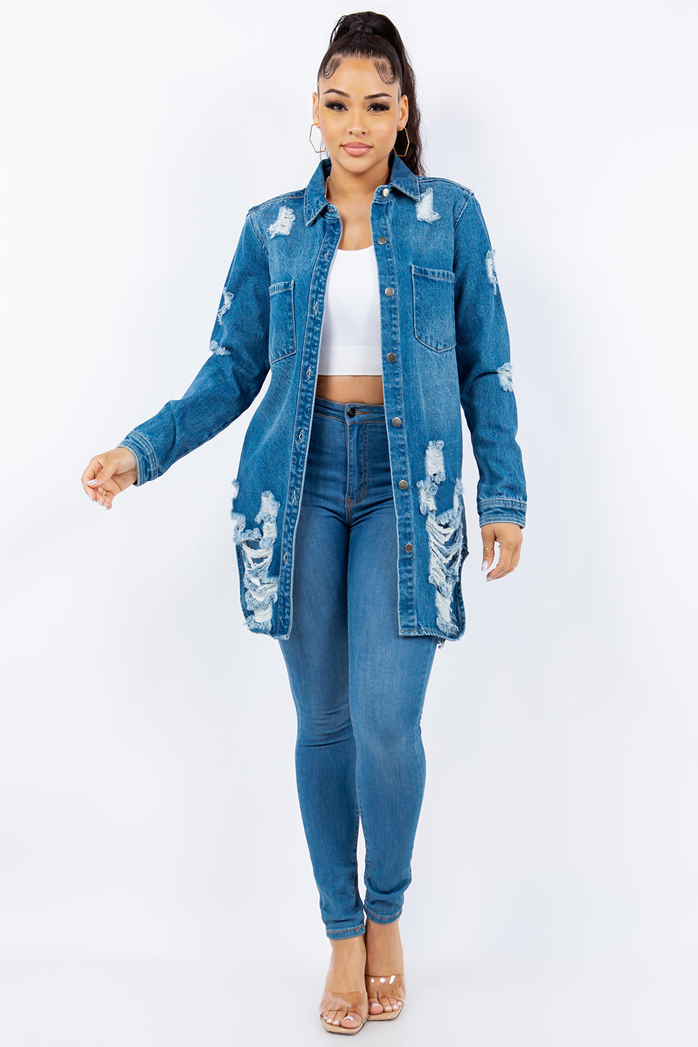 American Bazi Distressed Button Up Long Sleeve Denim Jacket Tops/Jackets/Sweaters American Bazi Clothing Tops Ship from USA TikTok Trendsi USPS Walmart Trendsi https://www.cyberehub.com
