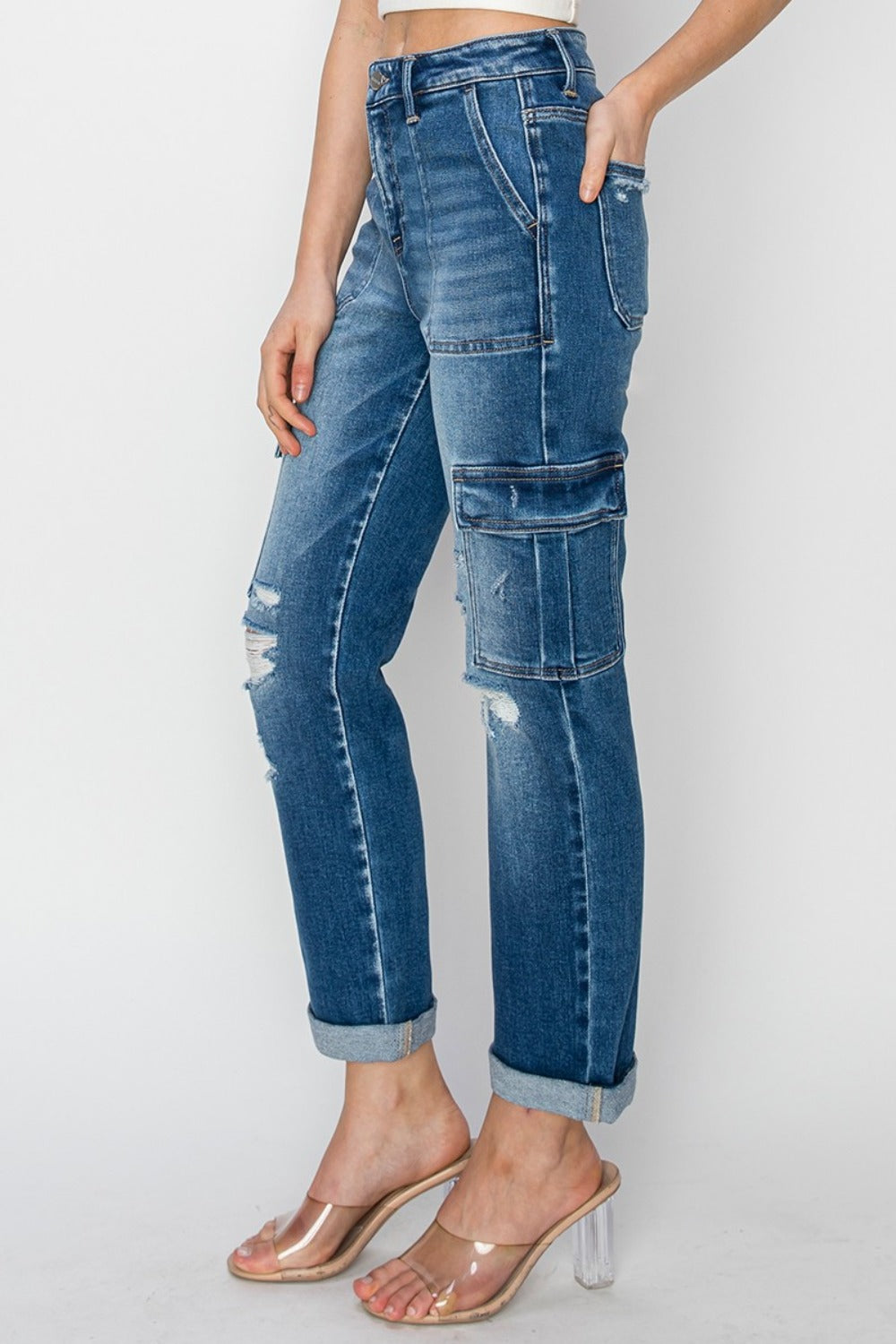 RISEN Full Size High Rise Cargo Ankle Roll Up Straight Jeans Bottoms Bottoms Clothing RISEN Ship from USA Women Trendsi https://www.cyberehub.com