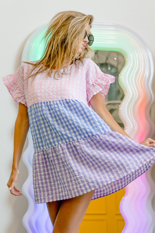 BiBi Plaid Color Block Tiered Top Blush Blue Lavender Tops/Jackets/Sweaters BiBi Clothing Tops Ship from USA TikTok Trendsi USPS Walmart Trendsi https://www.cyberehub.com