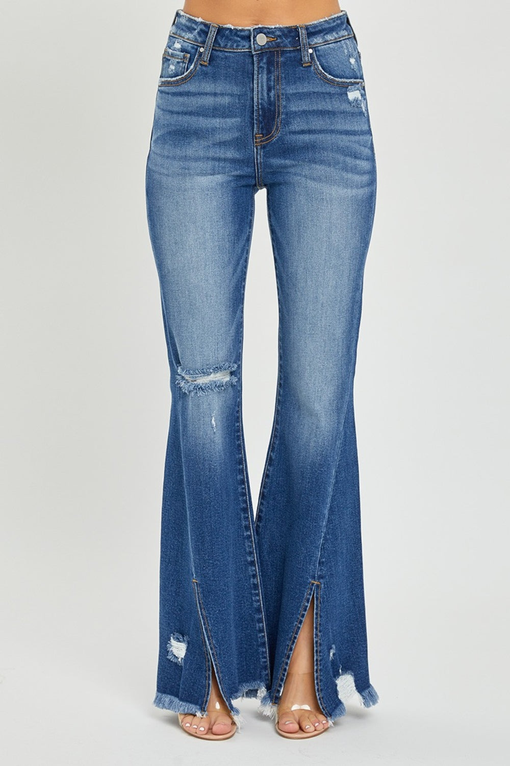 RISEN Full Size High Rise Front Slit Frayed Hem Flare Jeans Bottoms Bottoms Clothing RISEN Ship from USA Women Trendsi https://www.cyberehub.com