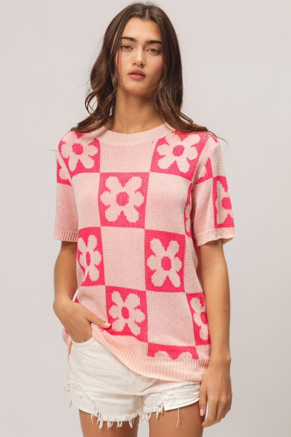 BiBi Flower Checker Pattern Short Sleeve Sweater Shirt Apparel BiBi Clothing Tops Ship from USA Shirts USA Women Trendsi https://www.cyberehub.com