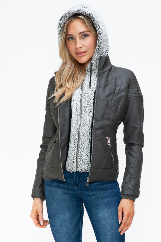 YMI Faux Layered Double-Zipper Jacket with Fuzzy Hood Charcoal Tops/Jackets/Sweaters Clothing Tops Ship from USA TikTok Trendsi USPS Walmart YMI outerwear Trendsi https://www.cyberehub.com