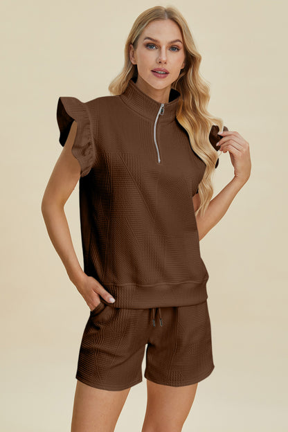 Double Take Full Size Texture Flounce Sleeve Top and Shorts Set Brown Tops/Jackets/Sweaters Clothing Tops Double Take Ship from USA TikTok Trendsi USPS Walmart Trendsi https://www.cyberehub.com