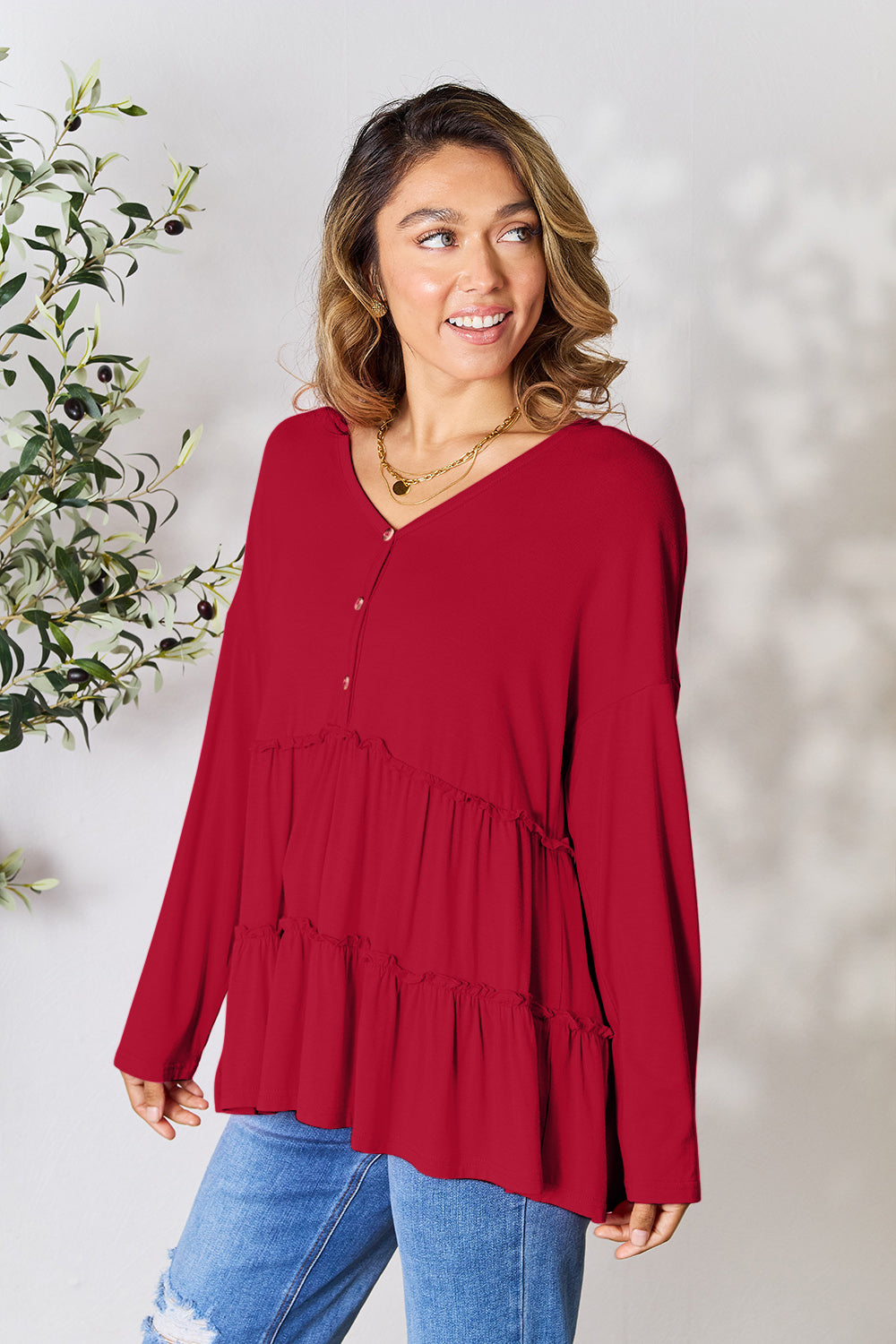 Double Take Half Button Long Sleeve Ruffle Hem Blouse Burgundy Apparel/Tops Double Take Ship from USA TikTok Tops Trendsi USPS Walmart Walmart Apparel Trendsi https://www.cyberehub.com
