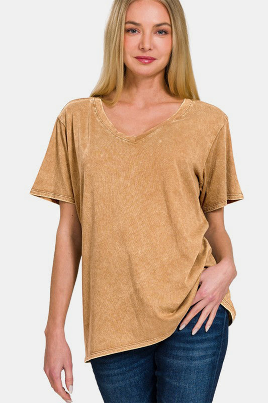 Zenana Full Size Washed Short Sleeve V-Neck T-Shirt Camel Apparel/Tops Ship from USA TikTok Tops Trendsi USPS Walmart Walmart Apparel Zenana Trendsi https://www.cyberehub.com