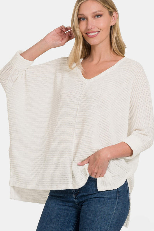 Zenana Full Size Round Neck High-Low Slit Knit Top Off White Shirt Apparel Clothing Tops Ship from USA Shirts USA Women Zenana Trendsi https://www.cyberehub.com