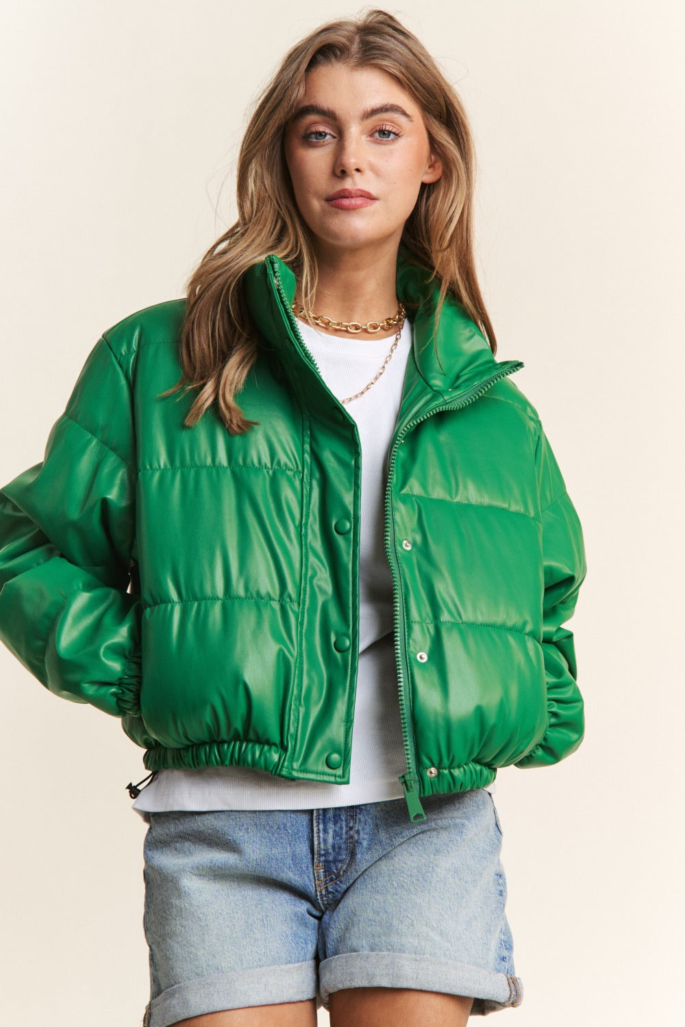 J.NNA Turtleneck Snap and Zipper Closure Crop Puff Jacket Shirt Apparel Clothing Tops J.NNA Ship from USA Shirts USA Women Trendsi https://www.cyberehub.com