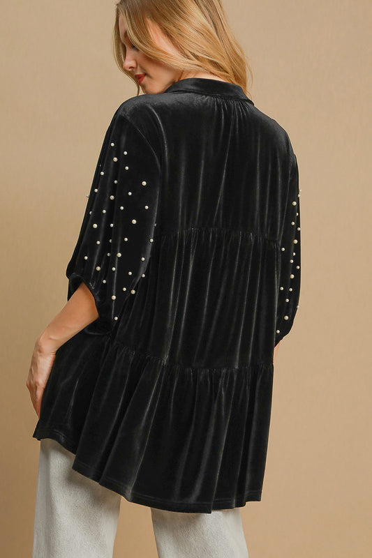 Umgee Pearl Detail Half Sleeve Velvet Babydoll Blouse Apparel/Tops Ship from USA TikTok Tops Trendsi Umgee USA USPS Walmart Walmart Apparel Trendsi https://www.cyberehub.com