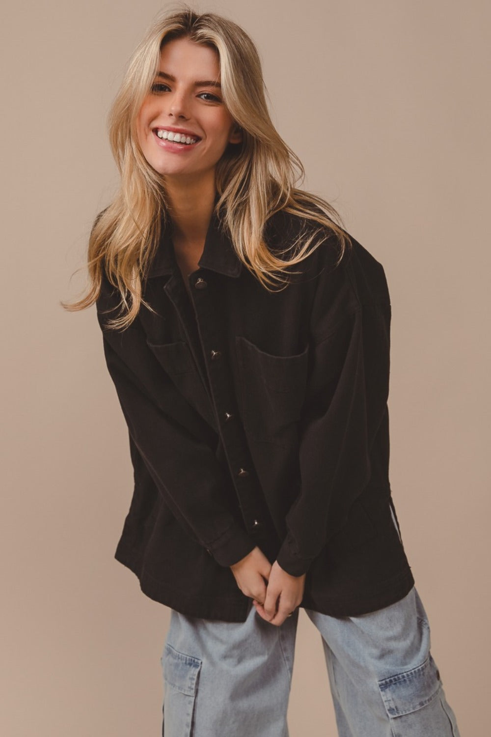 BiBi Button Up Washed Jacket with Pockets Black Charcoal Tops/Jackets/Sweaters BiBi Clothing Tops Ship from USA TikTok Trendsi USPS Walmart Trendsi https://www.cyberehub.com