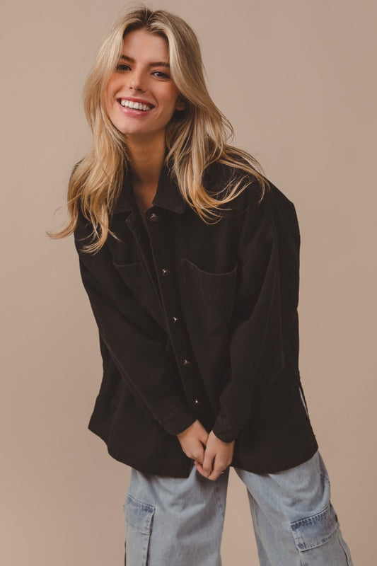 BiBi Button Up Washed Jacket with Pockets Black Charcoal Tops/Jackets/Sweaters BiBi Clothing Tops Ship from USA TikTok Trendsi USPS Walmart Trendsi https://www.cyberehub.com