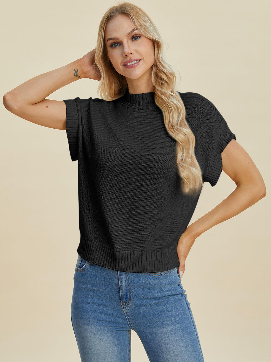 Double Take Full Size Mock Neck Short Sleeve Sweater Black Shirt Apparel Clothing Tops Double Take Ship from USA Shirts USA Women Trendsi https://www.cyberehub.com